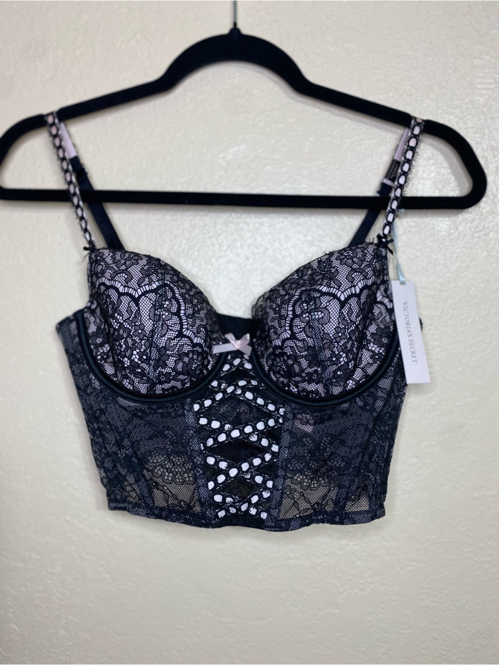 Victoria's Secret Black Lace Bustier Bra with Light Pink Accents